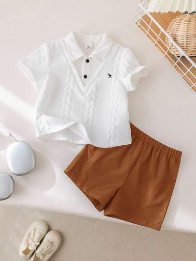 SHEIN طقم قميص بولو وشورت ذو خصر مطاطي مناسب للأطفال الصبيان، مناسب لحفلات عيد الميلاد، الحفلات المسائية، الأداء، الزفاف، حفلات استقبال المولود الجديد، احتفال عيد الميلاد الأول