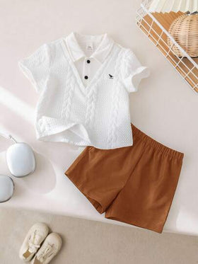 SHEIN طقم قميص بولو وشورت ذو خصر مطاطي مناسب للأطفال الصبيان، مناسب لحفلات عيد الميلاد، الحفلات المسائية، الأداء، الزفاف، حفلات استقبال المولود الجديد، احتفال عيد الميلاد الأول