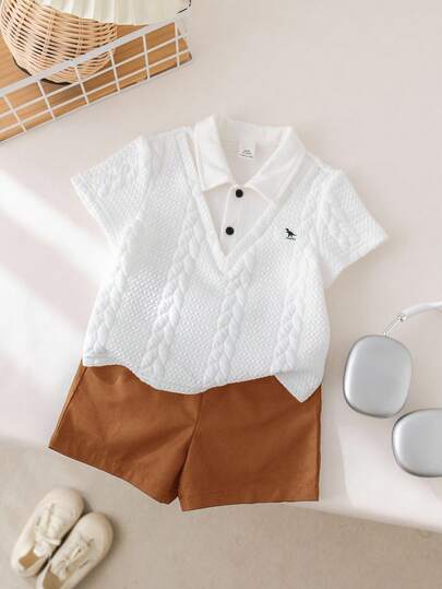 SHEIN طقم قميص بولو وشورت ذو خصر مطاطي مناسب للأطفال الصبيان، مناسب لحفلات عيد الميلاد، الحفلات المسائية، الأداء، الزفاف، حفلات استقبال المولود الجديد، احتفال عيد الميلاد الأول
