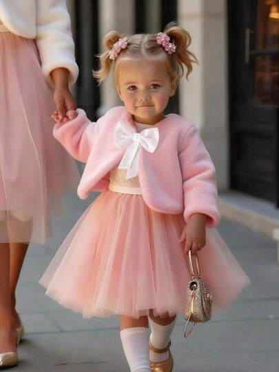 Elladie kids كارديجان طويل الأكمام فضفاض أبيض للفتيات الصغيرات مع فيونكة، ملابس خارجية شتوية أنيقة وأنيقة للأطفال، فستان وردي فاخر للفتيات الصغيرات مع كارديجان، فستان وردي للفتيات الصغيرات مع جاكيت، طقم جاكيت وتنورة للأطفال