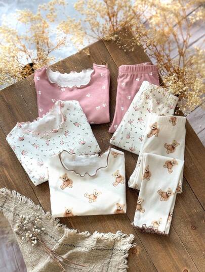 Emery Rose Kids 6 قطع/مجموعة بيجامة للفتيات المراهقات تتكون من تي شيرت كاجوال مطبوع بالزهور والدببة وبنطلون رياضي