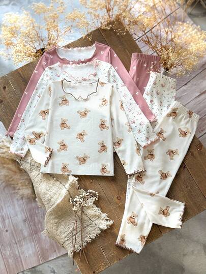 Emery Rose Kids 6 قطع/مجموعة بيجامة للفتيات المراهقات تتكون من تي شيرت كاجوال مطبوع بالزهور والدببة وبنطلون رياضي