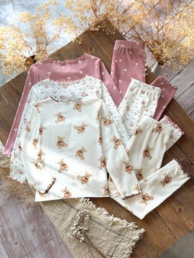 Emery Rose Kids 6 قطع/مجموعة بيجامة للفتيات المراهقات تتكون من تي شيرت كاجوال مطبوع بالزهور والدببة وبنطلون رياضي
