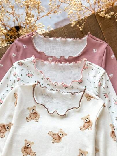 Emery Rose Kids 6 قطع/مجموعة بيجامة للفتيات المراهقات تتكون من تي شيرت كاجوال مطبوع بالزهور والدببة وبنطلون رياضي