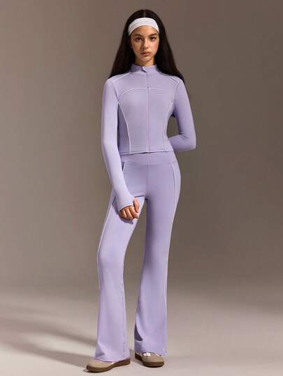 SHEIN مجموعة ملابس للمراهقات 2 قطعة - جاكيت رياضي بخطوط متباينة ذو لون أحادي محبوك وبنطلون ضيق مقلوب، أزياء كاجوال لطالبات المدرسة والحفلات، ملابس رياضية للشباب، طقم بنفسجي فاتح