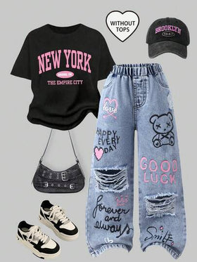 SHEIN ChillGRL بنطلون جينز للبنات الصغيرات الكاجوال الجميل، مطبوع بحرف وشكل دب ملون، غسيل فاتح مبهت، قصة مستقيمة فضفاضة، قماش ناعم ومريح، موضة الشارع، جينز بناتي