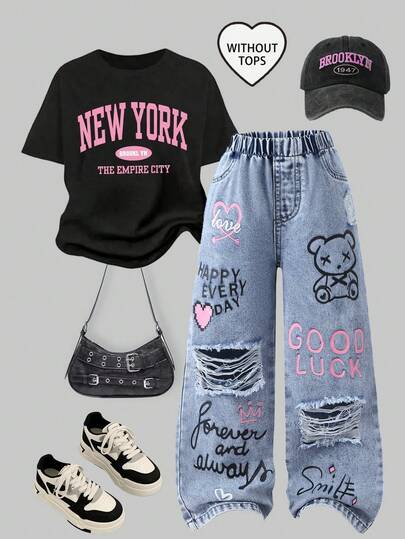 SHEIN ChillGRL بنطلون جينز للبنات الصغيرات الكاجوال الجميل، مطبوع بحرف وشكل دب ملون، غسيل فاتح مبهت، قصة مستقيمة فضفاضة، قماش ناعم ومريح، موضة الشارع، جينز بناتي