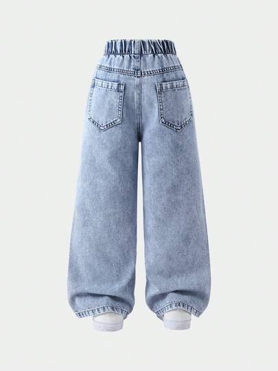 SHEIN ChillGRL بنطلون جينز للبنات الصغيرات الكاجوال الجميل، مطبوع بحرف وشكل دب ملون، غسيل فاتح مبهت، قصة مستقيمة فضفاضة، قماش ناعم ومريح، موضة الشارع، جينز بناتي