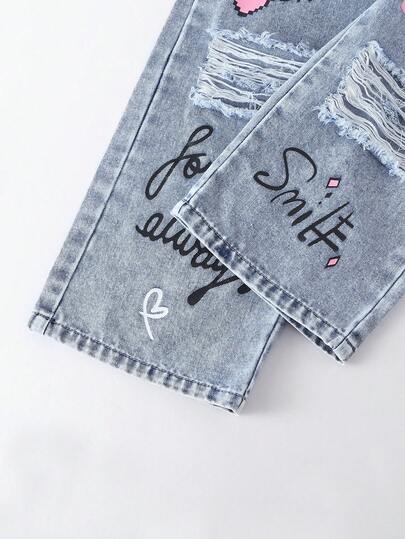 SHEIN ChillGRL بنطلون جينز للبنات الصغيرات الكاجوال الجميل، مطبوع بحرف وشكل دب ملون، غسيل فاتح مبهت، قصة مستقيمة فضفاضة، قماش ناعم ومريح، موضة الشارع، جينز بناتي
