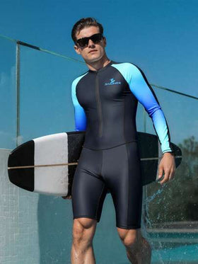 Manfinity Swimmode بذلة سباحة رجالية بأكمام طويلة وسحاب بألوان متباينة