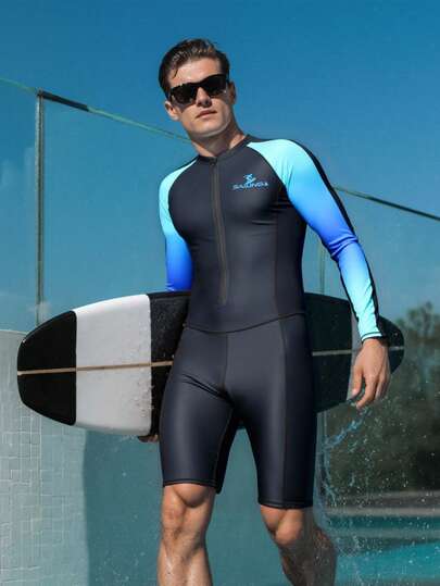 Manfinity Swimmode بذلة سباحة رجالية بأكمام طويلة وسحاب بألوان متباينة