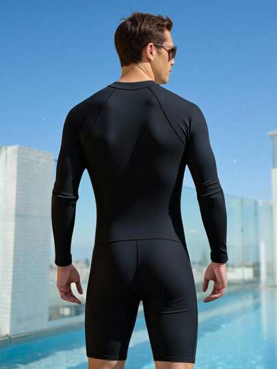 Manfinity Swimmode بذلة سباحة رجالية بأكمام طويلة وسحاب بألوان متباينة