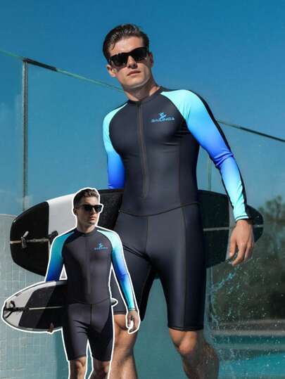 Manfinity Swimmode بذلة سباحة رجالية بأكمام طويلة وسحاب بألوان متباينة