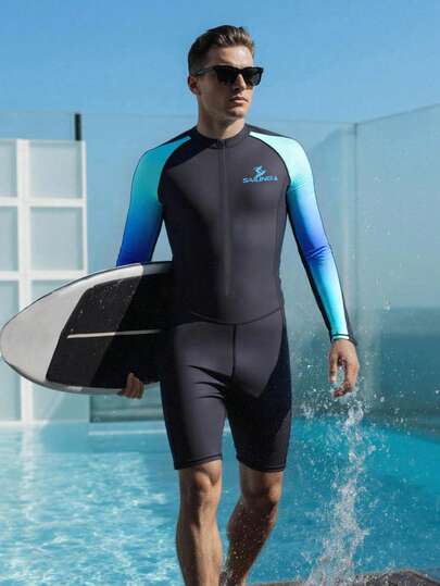 Manfinity Swimmode بذلة سباحة رجالية بأكمام طويلة وسحاب بألوان متباينة