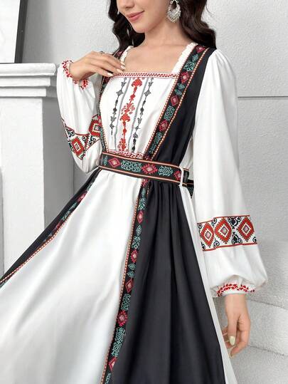SHEIN فستان كاجوال منسوج بأكمام طويلة وياقة مربعة مطبوع للمراهقات