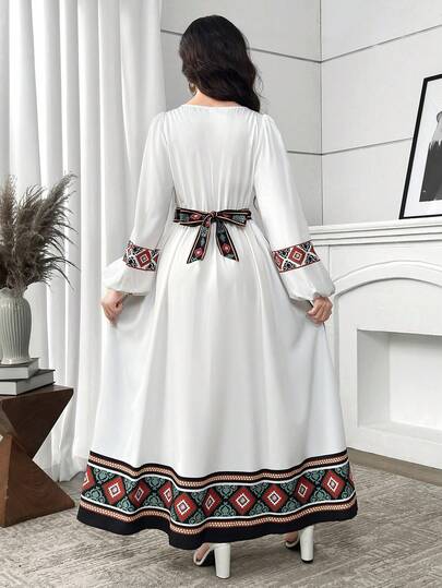 SHEIN فستان كاجوال منسوج بأكمام طويلة وياقة مربعة مطبوع للمراهقات