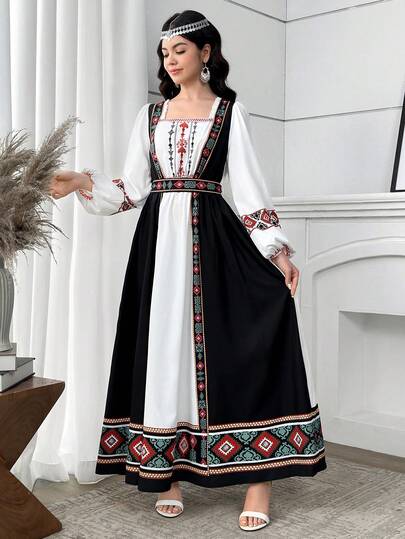 SHEIN فستان كاجوال منسوج بأكمام طويلة وياقة مربعة مطبوع للمراهقات