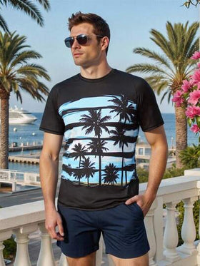 Manfinity Swimmode بلوزة رجالية بأكمام قصيرة من نوع راجلان مطبوعة بأشجار النخيل