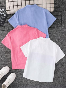 SHEIN 3 قطع قميص مصنوع من القماش المنسوج بياقة ماندرين وأكمام قصيرة فضفاضة بألوان متباينة مناسب للأطفال والمراهقين، أبيض وأزرق وزهري، مناسب للربيع والصيف والمناسبات الرسمية والعائلية والمدرسة والرياضة وأعياد الميلاد والمعمودية