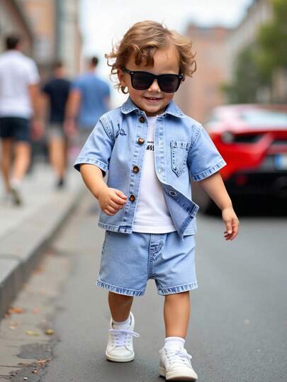 SHEIN Playful Pals طقم جينز للأطفال الصبيان، وصول جديد للصيف، لون جينز أزرق فاتح، بتصميم كاجوال، مطرز بتصميم ديناصور، قطن مريح، مناسب للخروجات اليومية وتجمعات العائلة، منتج جديد