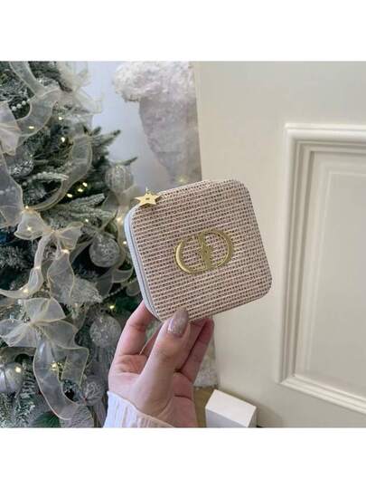 Dior صندوق مجوهرات ذهبي بمرآة، حقيبة تخزين محمولة مربعة، حقيبة يد، صندوق تخزين فاخر لامع باللون الذهبي
