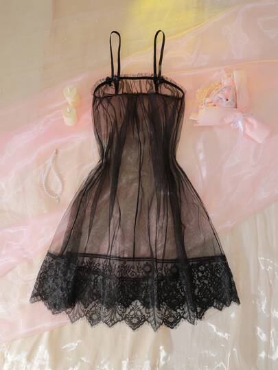 فستان نوم شفاف رومانسي بتصميم الكشكشة الجذاب، هدية للنساء للعطلات 2 قطعة