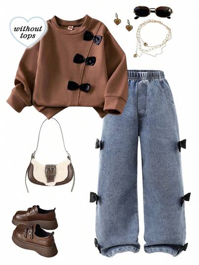 Genkimix Kids بنطلون جينز كاجوال للفتيات الصغيرات، مزين بفيونكة شريط أسود وجينز أزرق، مناسب للارتداء اليومي الأنيق والمريح، للمدرسة والخروجات والحفلات والعطلات في جميع المواسم