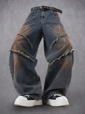 Manfinity Denimwave جينز واسع الساق مغسول فضفاض متعدد الطبقات مع شراريب بتصميم أمريكي كلاسيكي