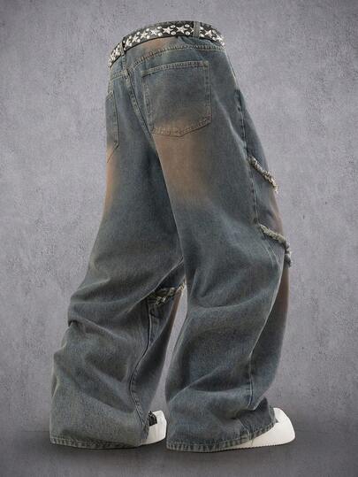 Manfinity Denimwave جينز واسع الساق مغسول فضفاض متعدد الطبقات مع شراريب بتصميم أمريكي كلاسيكي