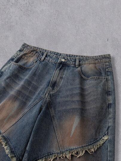 Manfinity Denimwave جينز واسع الساق مغسول فضفاض متعدد الطبقات مع شراريب بتصميم أمريكي كلاسيكي