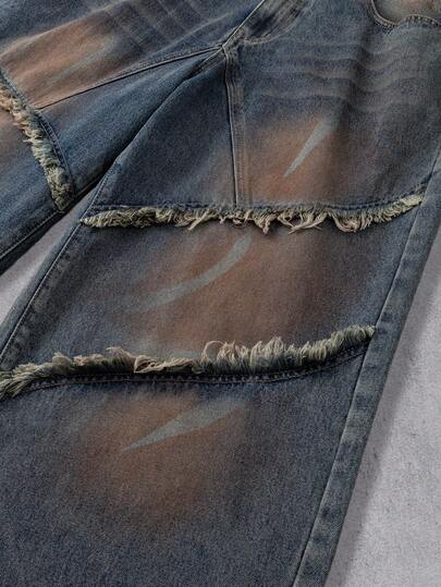 Manfinity Denimwave جينز واسع الساق مغسول فضفاض متعدد الطبقات مع شراريب بتصميم أمريكي كلاسيكي