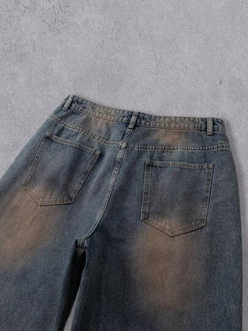 Manfinity Denimwave جينز واسع الساق مغسول فضفاض متعدد الطبقات مع شراريب بتصميم أمريكي كلاسيكي