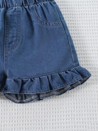 مجموعة قميص وشورت جينز كاجوال للفتيات الصغيرات، 2 قطعة، صيفي