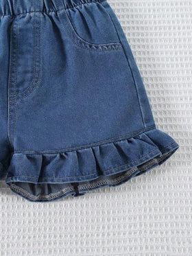 مجموعة قميص وشورت جينز كاجوال للفتيات الصغيرات، 2 قطعة، صيفي