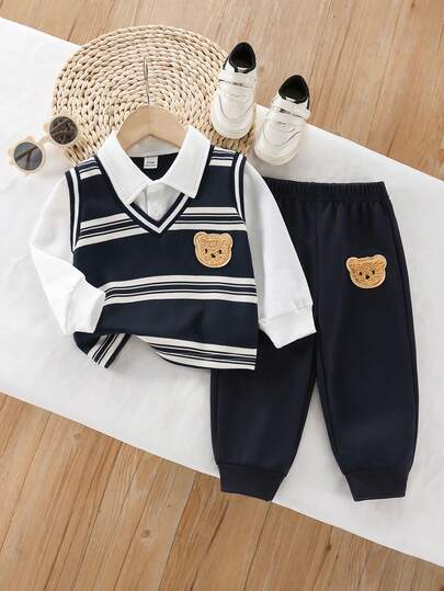 SHEIN Playful Pals 3 قطع طقم ملابس للطفل الصبي: قميص، سترة محبوكة، وبنطلون كاجوال، بطراز بريطاني، للخريف/الشتاء