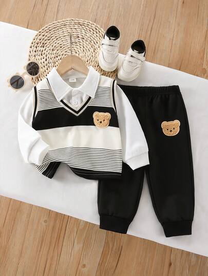 SHEIN Playful Pals 3 قطع طقم ملابس للطفل الصبي: قميص، سترة محبوكة، وبنطلون كاجوال، بطراز بريطاني، للخريف/الشتاء