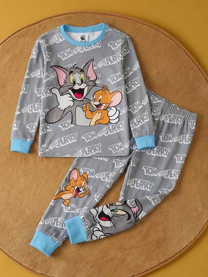 TOM & JERRY X SHEIN مجموعة بقطعتين من ملابس علوية بأكمام طويلة وبنطال ذات نمط كرتوني ملون للأولاد، بياقة مستديرة، بتصميم ضيق مريح للبس المنزلي