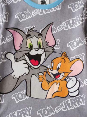 TOM & JERRY X SHEIN مجموعة بقطعتين من ملابس علوية بأكمام طويلة وبنطال ذات نمط كرتوني ملون للأولاد، بياقة مستديرة، بتصميم ضيق مريح للبس المنزلي