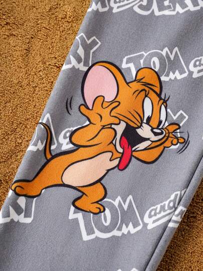 TOM & JERRY X SHEIN مجموعة بقطعتين من ملابس علوية بأكمام طويلة وبنطال ذات نمط كرتوني ملون للأولاد، بياقة مستديرة، بتصميم ضيق مريح للبس المنزلي