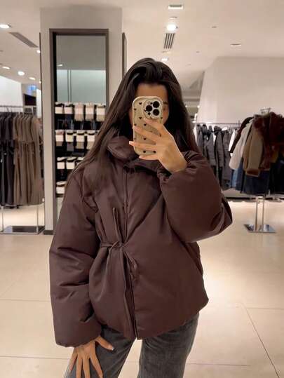 معطف نسائي قصير مبطن، ملابس شتوية دافئة للنساء، معاطف شتوية بني للنساء، معطف نسائي بياقة عالية