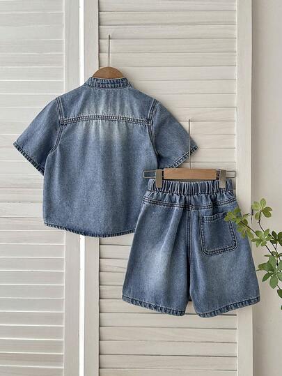 LMoss Kids مجموعة قميص جينز فضفاض وشورت بتصميم مريح للأولاد الصغار، قطعتان