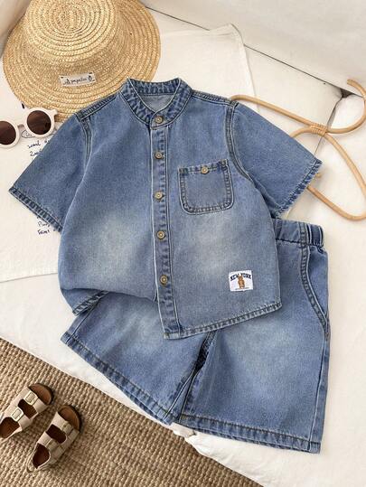 LMoss Kids مجموعة قميص جينز فضفاض وشورت بتصميم مريح للأولاد الصغار، قطعتان