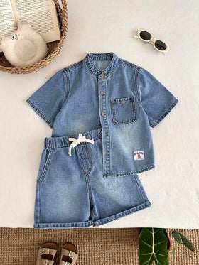 LMoss Kids مجموعة قميص جينز فضفاض وشورت بتصميم مريح للأولاد الصغار، قطعتان