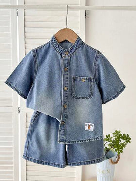 LMoss Kids مجموعة قميص جينز فضفاض وشورت بتصميم مريح للأولاد الصغار، قطعتان