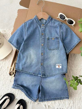 LMoss Kids مجموعة قميص جينز فضفاض وشورت بتصميم مريح للأولاد الصغار، قطعتان