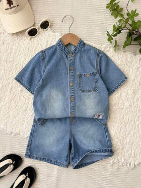 LMoss Kids مجموعة قميص جينز فضفاض وشورت بتصميم مريح للأولاد الصغار، قطعتان