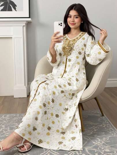 SHEIN فستان كاجوال فضفاض مطبوع بنقشة زهرية مع شريط ذهبي للفتيات المراهقات