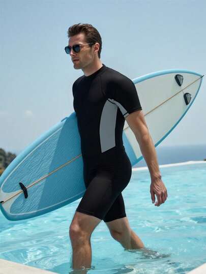 Manfinity Swimmode جمبسوت سباحة قصيرة الأكمام بألوان متباينة للرجال للشاطئ والعطلات