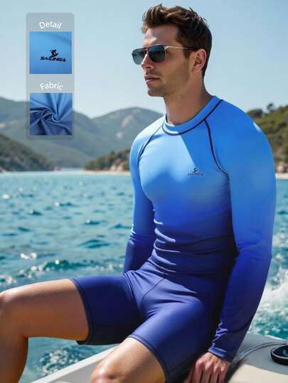 Manfinity Swimmode بدلة سباحة رجالية بأكمام راجلان ذات خياطة متباينة بتدرج اللون، بأسلوب عطلة الشاطئ
