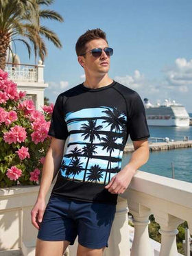 Manfinity Swimmode بلوزة رجالية بأكمام قصيرة من نوع راجلان مطبوعة بأشجار النخيل